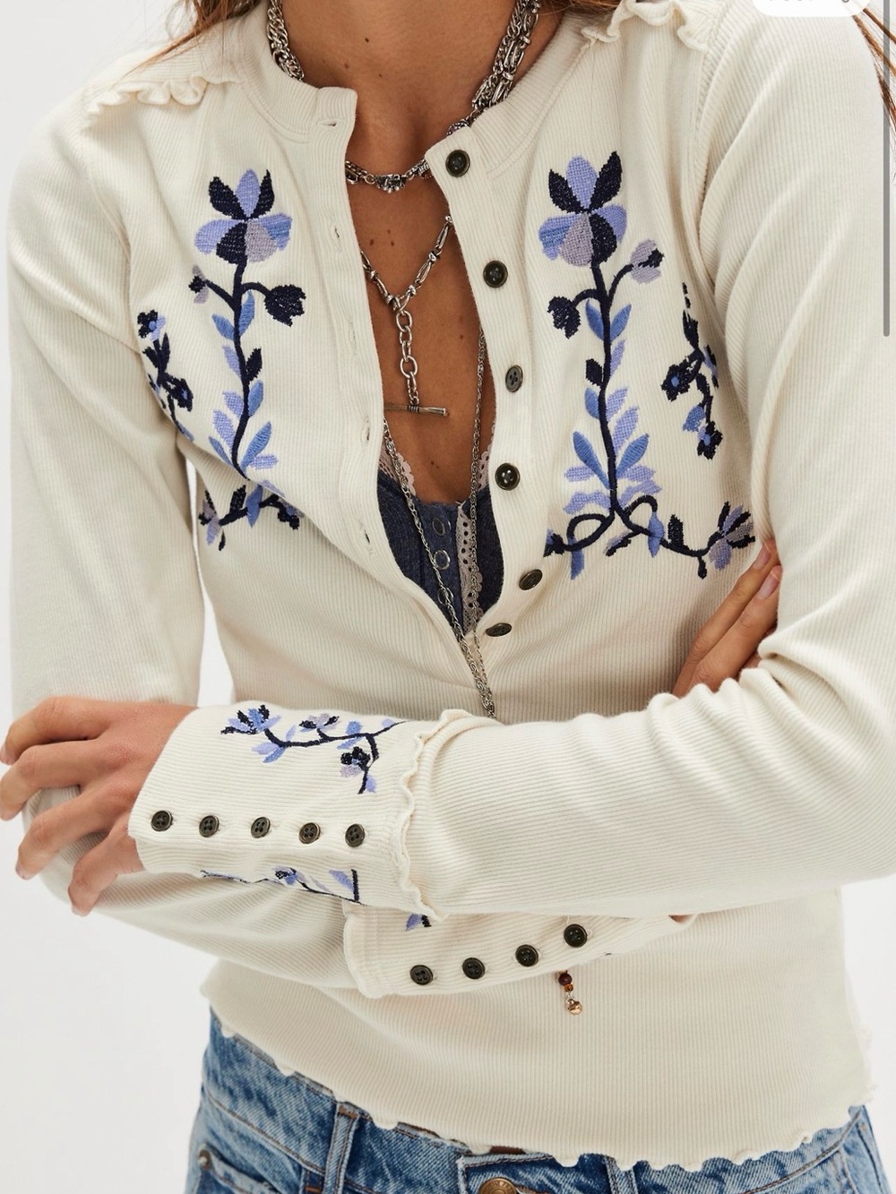 Free People Fleur Embroider cuff Henley